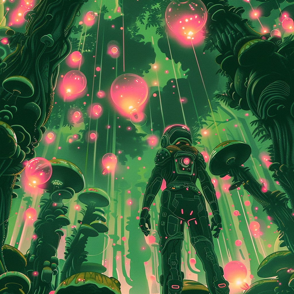 Image of a person in a bio-suit looking up in glowing mushroom forest